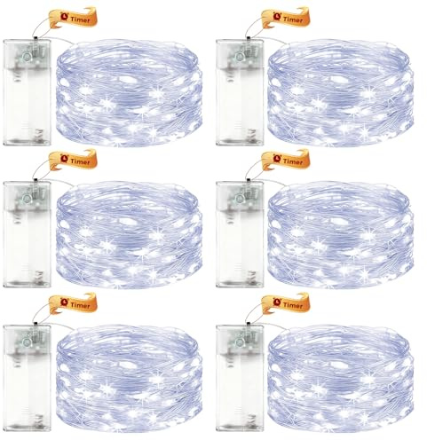VIKY® 6 Stk LED Lichterkette Batterie mit Timer,3M 30 LED Micro Kupferdraht Lichterkette Innen Batteriebetrieben,Kaltes Weiß lichterkette mit Timer für Hochzeit,Silvester,Weihnachten Innen Dekoration