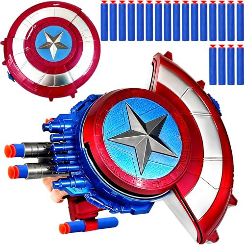 YMMAALE Captain Superhero Shield Blaster Toy,Dart Shooting Shield with 20 Foam Darts,Cosplay Prop for Adults,Roleplay,Halloween,Party Favors,Multi-Item Party Favor Packs