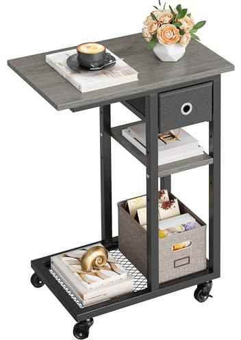 YITAHOME Mesa Auxiliar en Forma de C, Mesa Auxiliar para Sofá con Cacharro y Ruedas, Mesa de Café para Computadora Portátil,para Sala de Estar, Dormitorio，Gris