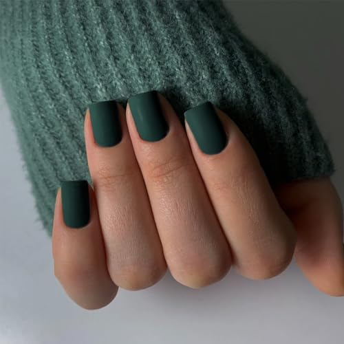 KQueenest Matte Dunkel Grün Press On Nails Kurz Eckig - Künstliche Nägel zum Aufkleben Kurz, Einfarbig Fake Nails Fingernägel zum aufkleben, Glänzende Gel Acryl Nägel für Frauen, 24 Stück