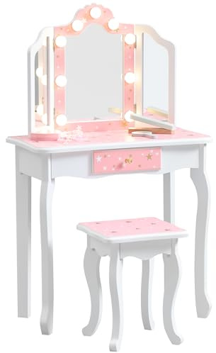 XNKL Kids Vanity with Lights, Princess Girls Vanity Set with 3-Color LED Lighted, 2 in 1 Wooden Toddler Vanity Table & Chair Set Mirror and Stool for Little Girls