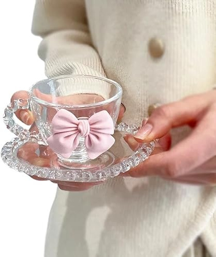 Generico Set Tazzine Caffè,Tazzine Caffe con Piattino Set di tazze da caffè trasparenti con fiocco rosa, decorazione for ragazza, tazza acqua in vetro, piatto dessert, tè pomeridiano, colazione avena