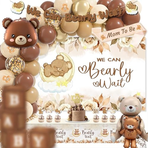 Teddy Bear Baby Shower Decorations, We Can Bearly Wait Baby Shower, 4 Baby Box with Teddy Bear Party Decorations, Brown Bear Banner, Backdrop, Tablecloth, Cake Topper, Gender Reveal Party Supplies