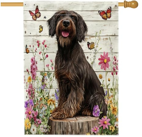 Bandiera tedesca primaverile con puntatore a pelo metallico, 71 x 101 cm, per esterni, con ceppo di legno floreale, bandiera verticale standard per la casa, decorazione per esterni