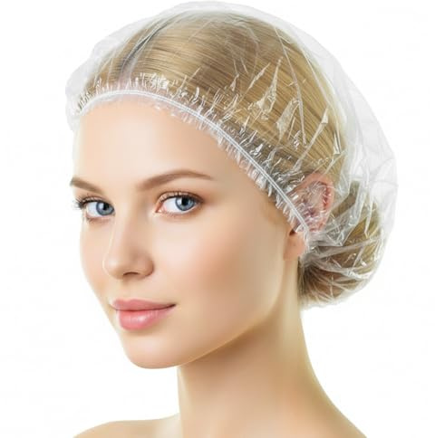 100 PCS Disposable Shower Caps, Thick & Waterproof Plastic Elastic Bath Caps (42CM) - Clear Shower Hats for Women, Men & Kids - Ideal for Home, Travel, Hotel, Spa and Hair Salon Use