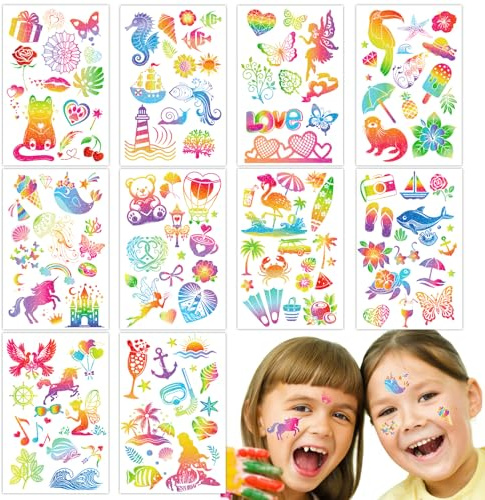 Qpout Glitter Temporäre Tattoos für Aloha-Partydekoration 10 Laken Shinny Meerjungfrauenfisch Schmetterlingsblume Regenbogen Fake Tattoo Aufkleber für Frauen Sommer Hawaiianische Partygeschenke