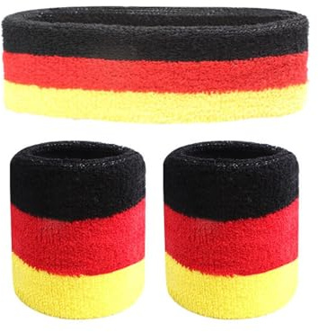 Deutschland Fußball Fan Set | 1 Frottee Kopfband und 2 Schweißbänder Schwarz Rot Gold | Fanartikel für Herren Damen | Sport Accessoires und Supporter Zubehör