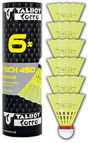 Talbot-Torro® Badminton Ball Tech 450, 6er Dose, Farbe: Gelb, Geschwindigkeit: Rot/Schnell, Premium-Nylonfederball, Federball Shuttle, Nylonshuttles, für Indoor & Outdoor