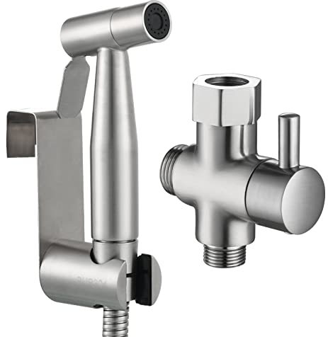 Tecmolog Kit Douchette Wc Acier Inox Douchette à Main Bidet avec Vanne WC 3 Voies 3/8-12/17 et Tuyau de Douche 1.2m, Idéal pour WC Suspend, WS024F8