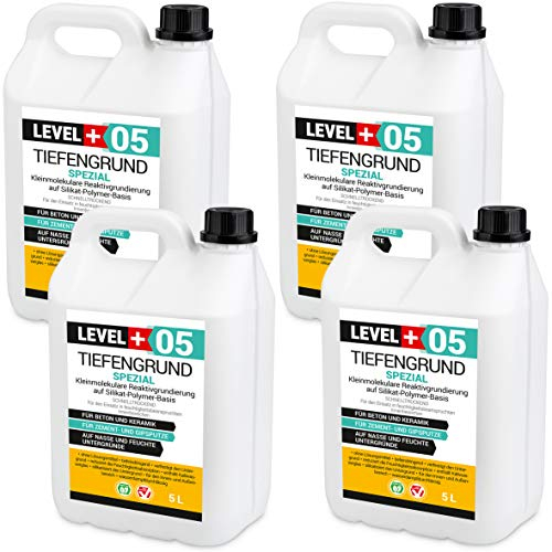 LEVEL PLUS 05 Tiefengrund Spezial 20L, Reaktivgrundierung auf Silikat Polymer Basis, Schnell trocknender Tiefgrund mit Kaliwasserglas, Untergrundverstärkung, Unter Abdichtungssysteme Innen und Aussen