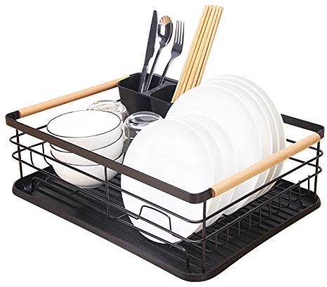Kitchenista Metal Dish Rack with Drip Tray, Dish Drainer and Removable Cutlery holder - Black