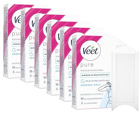 Veet Kaltwachssstreifen Vorteilsset Easy-Gelwax Technology für die Bikinizone & Achseln 6 x 16 Stück