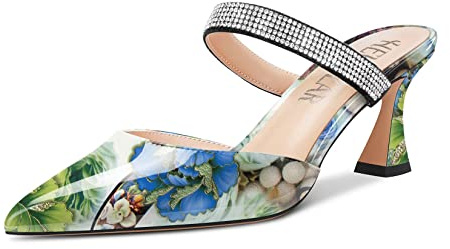 HEUIVZAR Mujer Chunky Ancho Medio Heel Puntiaguada Punta Sandalias Slingback Slip-on Diamante Cristal Fiesta Dress 6.5 CM Heels Multicolor A 37 EU