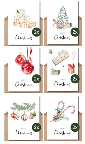 The Life Barn 12x Weihnachtskarten Set mit Umschlag modern Weihnachtspost | 12er Set, Hochwertige Karte aus 350g Papier, inkl Kraftpapierumschlag