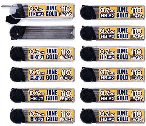 June Gold 1320 Pieces, 0.7 mm HB #2 Lead Refills, 12 Dispensers, 110 Pieces Per Dispenser, Medium Thickness, Break Resistant Lead/Graphite
