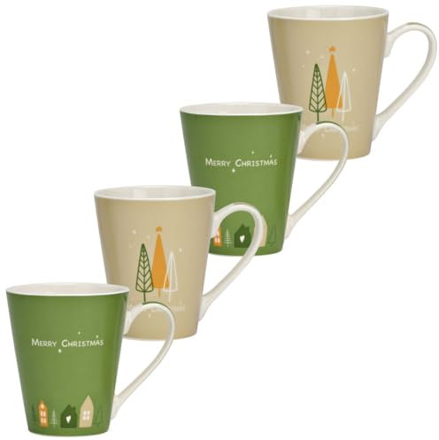 Weihnachtsbecher 4er Set Porzellan 380 ml Tassen mit festlichen Spruch - Süße Kaffeetassen Ø 9 x 13 cm Merry Christmas Glühweintasse für Winter, Weihnachten - Hochwertiges Porzellan, Spülmaschinenfest
