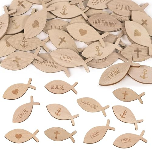 MOAZIFI 100 Stück Holzfische Streudeko – Tischdeko Kommunion, Konfirmation & Taufe Deko – Holz Fische Deko mit Gravur Glaube Liebe Hoffnung – Konfirmation Deko Jungen & Mädchen