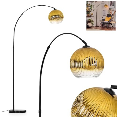 HOFSTEIN Stehleuchte Ripoll, Stehlampe aus Metall/Riffelglas in Schwarz/Gold/Klar mit Marmorfuß, verstellbare Leuchte im Retro-Design (Schirm Ø 25 cm), Fußschalter, E27, Wohnzimmer, Schlafzimmer, Büro