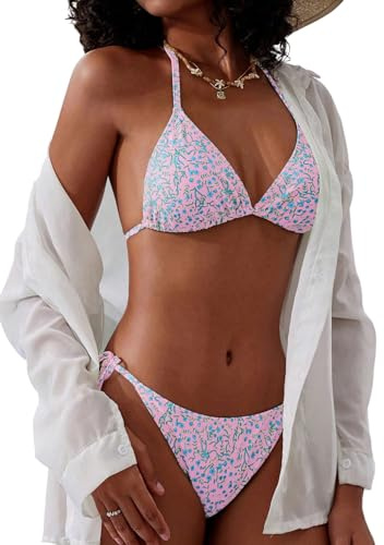 GORGLITTER Bikiniset för kvinnor, trekantig, tvådelat bikiniset, halterneck, bikini, triangel baddräkt, boho hög midja, blommönster, simdräkter, badmode, ROSA, XS