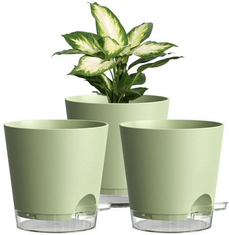 Homeuouz 15cm Self Watering Plant Pots Indoor, 3 Pack Plastic Flower Pots with Drainage Holes & Saucer, Ideal for All Indoor Outdoor House Plants (Green With Transparent Drainage)