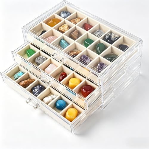 Boîte de présentation Dmnnlp pour roches, 3 tiroirs avec 54 cases pour collection de roches, boîtiers de rangement pour gemmes, fossiles, cristaux, pierres et bijoux (Beige)