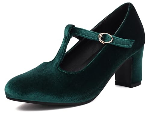 Gicoiz T Strap Mary Jane Suede Ladies Block Heels Evening Elegant High Heeled Buckle Closed Toe Pumps Classic Green Size 7.5-42