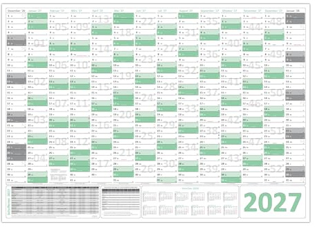 Green Wandkalender/Wandplaner 2027 gefaltet DIN A1 Format (594 x 841 mm) mit 14 Monaten