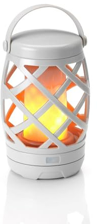 Auraglow Flackernde Flammen Laterne Grau, Batteriebetriebene LED Lampe | Realistisches Bernsteinlicht für Garten, Camping, Pavillon und Tisch, hängend oder stehend, Rattan Optik, 3 Modi