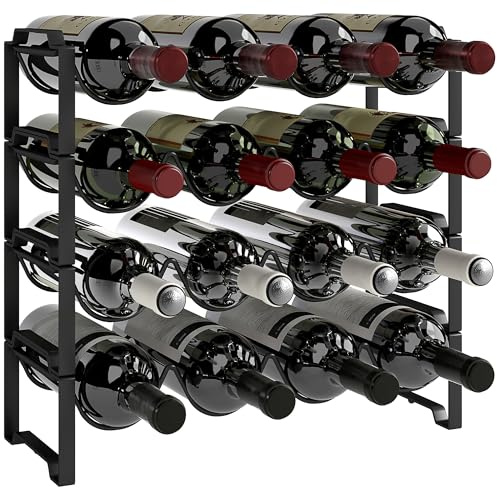 HOMCOM Portabottiglie Vino a 4 Livelli a Onda Impilabili per 16 Bottiglie, Cantinetta Portabottiglie Metallo per Cucina, Bar, Dispensa e Cantina, 42.5x16.5x41 cm Nero