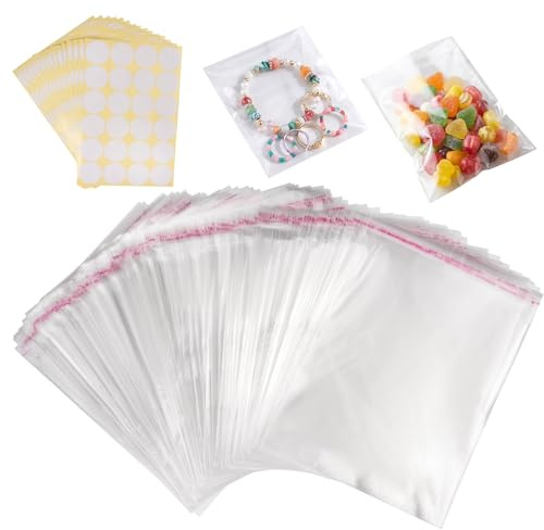 200 Piezas 12 x 18 cm Bolsa Autoadhesiva con Adhesivos Redondos Blancos de 32 mm, Bolsitas Transparentes, Bolsas Celofan Transparentes Autoadhesivas para Galletas,Dulces,Accesorios,Regalos