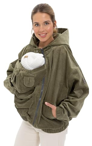 fun2bemum Cordjacke 3 in 1 Tragejacke Baby Umstandsjacke Oversize Herbstjacke für Mama mit Babytrage aus Baumwolle mit Einsatz (DE/NL/SE/PL, Alphanumerisch, S, XL, Regular, Regular, Standard, Olive)