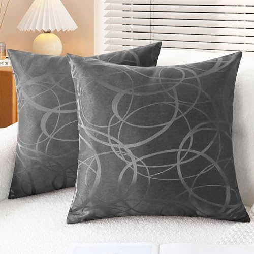 CaliTime Kissenbezüge Kissenhülle Packung mit 2 Schalen für Couch Sofa Heimdekoration modern glänzend und matt Kontrast Kreise Ringe geometrisch 45cm x 45cm grau