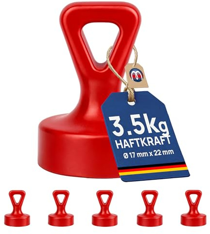 5 x Griff-Magnet Neodym mit Öse Ø 17 x 22 mm - ROT - Haftkraft 3,5 kg - 5 Stück - Starke Pinnwand Magnete mit Neodymkern (NdFeB) für Kühlschrank Magnet Glasboards Magnettafel Whiteboard