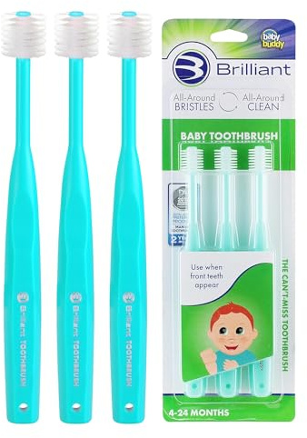Brilliant Oral Care Baby Toothbrush with Soft Bristles and Round Head, for a Toddler Approved, Easy to Use All-Around Clean Mouth, Ages 0-2 Years, Mint Green, 3 Pack