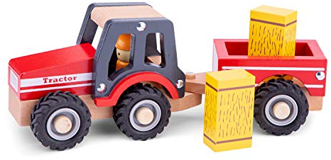 New Classic Toys - 11943 - Spielfahrzeuge - Traktor mit Anhänger und Heuballen, Rot
