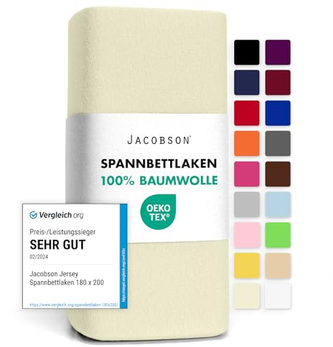 Jacobson Jersey Spannbettlaken Spannbetttuch Baumwolle Bettlaken (180x200-200x200 cm, Natur)