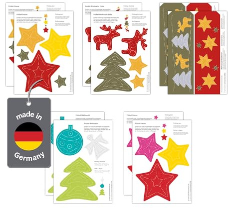 Familienmomente 10 Bastelbogen zum Prickeln für Kinder ab 3 Jahre Weihnachten (2x 5 Sterne, 2x Baum/Elche, 2x 3 Sterne, 2x Baum/Engel, 2x Weihnachts-Windlichter) DIN A5