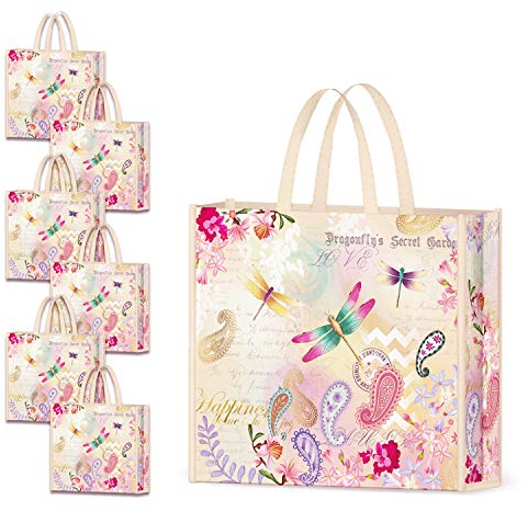 NymphFable 6 Stück Einkaufstasche Wiederverwendbare Libellen Garten Einkaufstaschen Groß Faltbar Wasserdicht Einkaufstüte