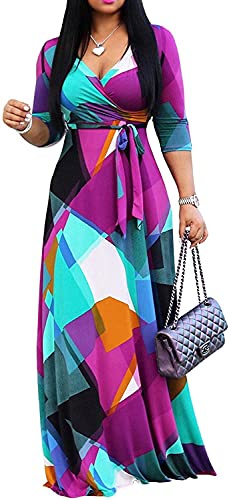 FANDEE Plus Size Maxi Dress for Women Casual Summer Sundress V-Neck 3/4 Sleeve(Multicoloured,X-Large)