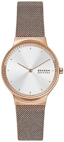 Skagen Damen-Freja-Zweizeiger, 34 mm Gehäusegröße, Mindestens 50 % recycelte Edelstahluhr, Edelstahl-Mesh-Armband