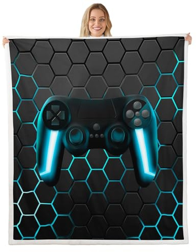 Homewish Gamer Gaming Überwurfdecke für Jungen Spielen Fleecedecke Kinder Spieler Plüschdecke für Wohnzimmer Dekor Grün Neonlichter Gamepad Geometrie Waben Sechseck Fuzzy Decke 150 x 200 cm