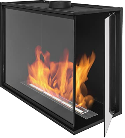 Bio-Eckkamin 600mm mit Vollverglasung. Biokamin Nice-House mit der rechter Seite offen. Das Glas bedeckt die gesamte Höhe des Bio Kamin.