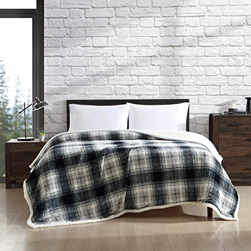 Eddie Bauer - Queen Size Blanket, Ultra-Soft Plush Bed Blanket with Faux Shearling Reverse, Throw Blanket for Couch & Bed (Vail Plaid Grey)