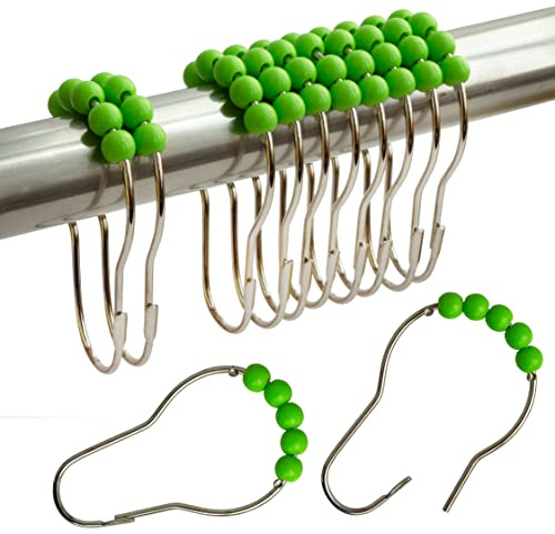 Duschvorhangringe, Edelstahl, Duschvorhanghaken, Acryl-Rollkugeln, rostfrei, strapazierfähig, für Badezimmervorhänge und Vorhänge (Grün/12 Stück)
