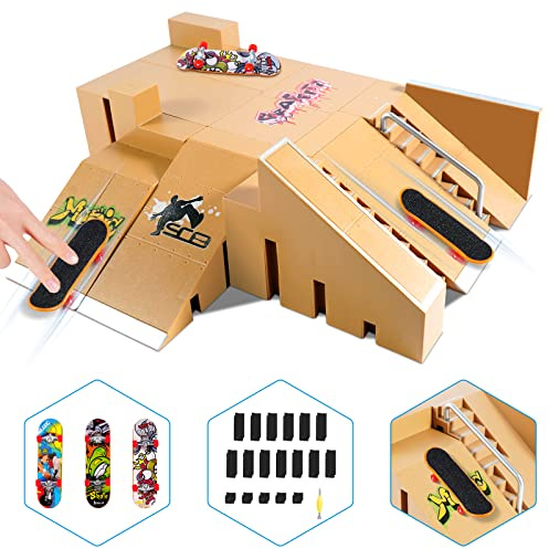Fingerboard Skate Park Kit,Skateboard Finger Toys with 3 Finger Skateboards & 8 Skatepark Deck Ramp for Boys or Girls Gift, Mini Finger Board Skate Training for Kids Ages 5 and up