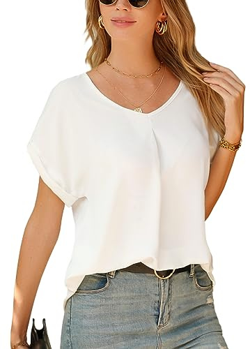 Yuson Girl Camicia Donna Chiffon Maniche Corte Elegante Blusa Estiva Con Scollo a V - Maglietta Casual Top T-Shirt Sexy di Colore Puro (Bianco, S)