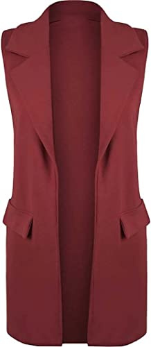 FAIRY TRENDZ Ladies Mock Flape Pockets Lapel Collar Duster Coat Jacket Womens Sleeveless Crepe Open Front Waistcoat Blazer