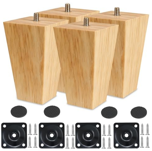 Wkmamo 4 Stück Möbelfüße Holz Möbelbeine 10cm, Massivholz Beine Aus Eiche mit Montageplatten, Schrauben und Filzgleiter,für Sofa Bett Schrank Couch Stuhl (10cm-2, Gerade)