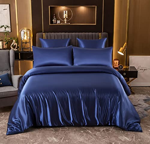 Sedefen Housse de Couette Satin 240 x 260 cm + 2 taie d'Bleu marineeiller 65x65cm Bleu Marine Parures de lit Ado Adulte 2 Personnes la Soie Lisse Brillante Linge de lit avec Fermeture Éclair