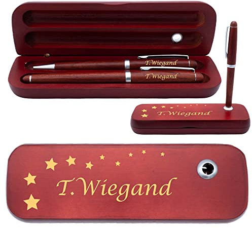 Juwelier Schönschmied Holz Schreibset mit Box | Box, Kugelschreiber und Füllfederhalter mit Wunschgravur | Holzbox mit Kugelschreiberständer | blau schreibend | (Sterne)